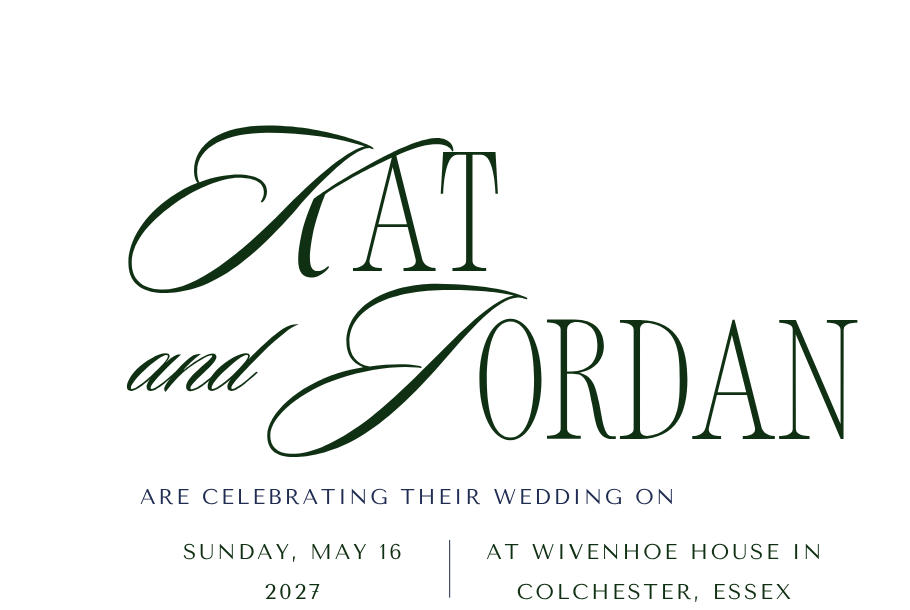 Kat and Jordan are celebrating their wedding on Sunday, May 16, 2027 at Wivenhoe House in Colchester, Essex